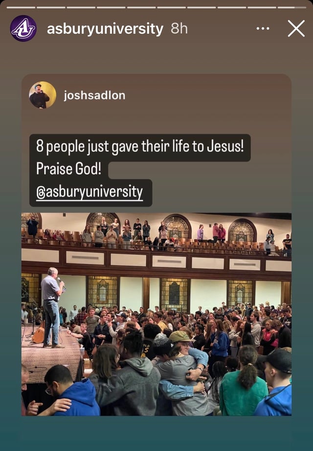 asbury university revival post on instagram describing some of the first salvations of the revival