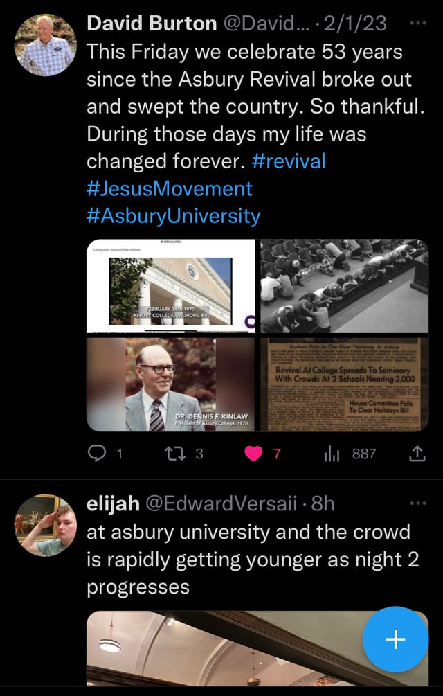 David Burton @David….. 2/1/23 This Friday we celebrate 53 years since the Asbury Revival broke out and swept the country. So thankful. During those days my life was changed forever. #revival #JesusMovement #AsburyUniversity
