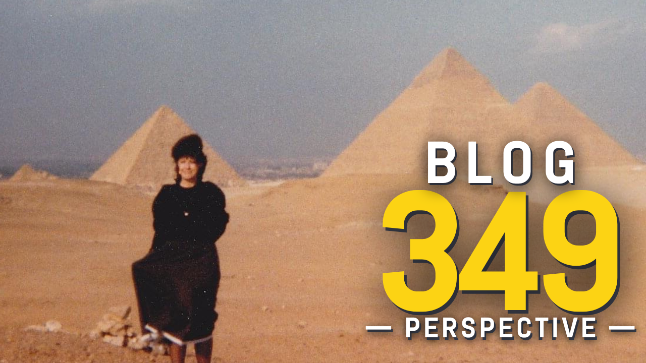 hope bear's nana standing in front of egyptian pyramids